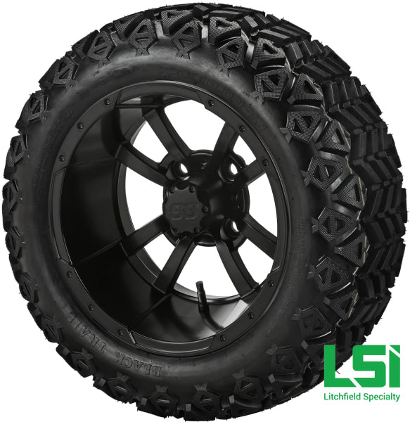 14X7 Matte Black Maltese Cross Wheel On 23X10-14 Trail 14 Lifted Assembly
