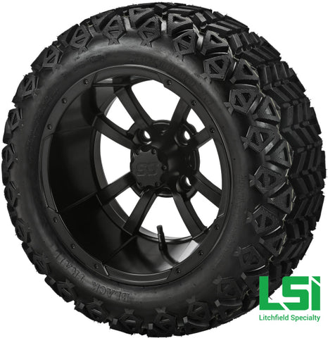 14X7 Matte Black Maltese Cross Wheel On 23X10-14 Trail 14 Lifted Assembly