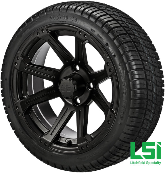 14X7 Matte Black Rampage Wheel On 205/30-14 Deli Tire 14 Low Profile Assembly