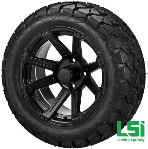 14X7 Matte Black Rampage Wheel On 22X10-14 Trail Fox 14 Lifted Assembly
