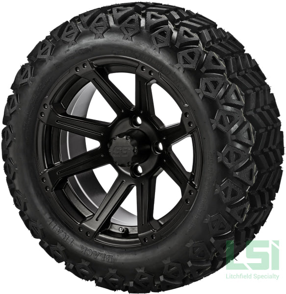 14X7 Matte Black Rampage Wheel On 23X10-14 Trail 14 Lifted Assembly