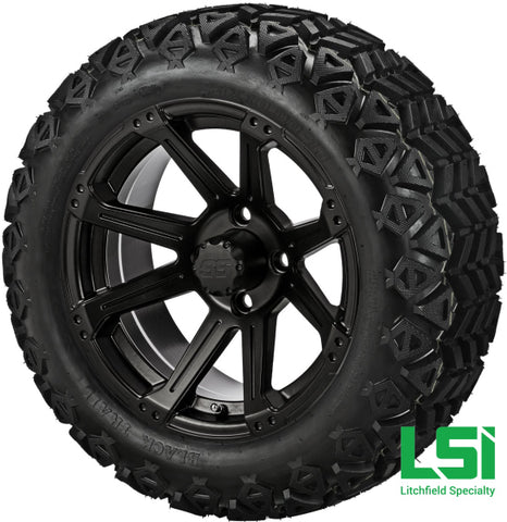 14X7 Matte Black Rampage Wheel On 23X10-14 Trail 14 Lifted Assembly