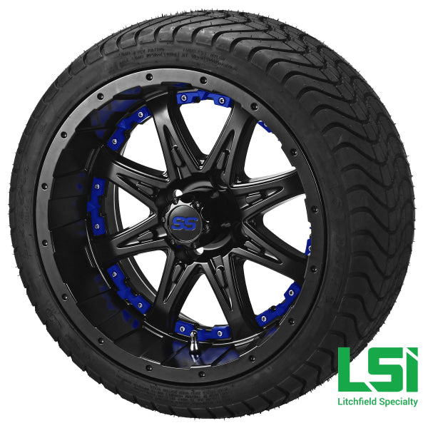 14X7 Matte Black Revenge Wheel W/blue Inserts On 215/35-14 Lsi Elite Tire/wheel Assembly