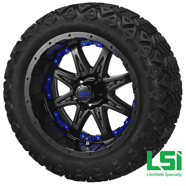 14X7 Matte Black Revenge Wheel W/blue Inserts On 23X10-14 Trail 14 Lifted Assembly