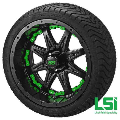 14X7 Matte Black Revenge Wheel W/green Inserts On 215/35-14 Lsi Elite Tire/wheel Assembly