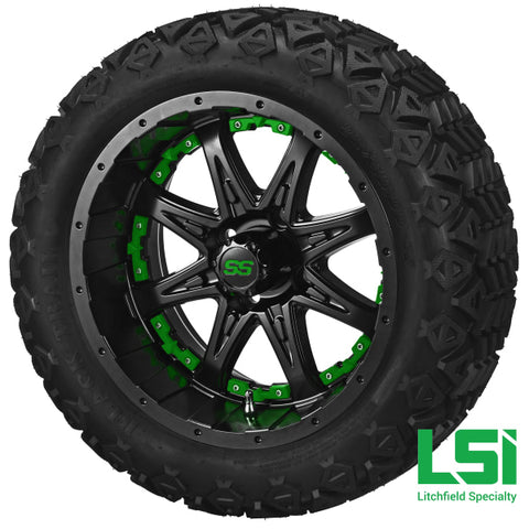 14X7 Matte Black Revenge Wheel W/green Inserts On 23X10-14 Trail 14 Lifted Assembly