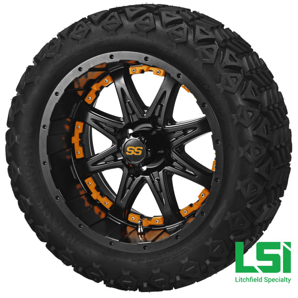 14X7 Matte Black Revenge Wheel W/orange Inserts On 23X10-14 Trail 14 Lifted Assembly