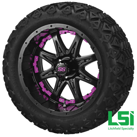 14X7 Matte Black Revenge Wheel W/pink Inserts On 23X10-14 Trail 14 Lifted Assembly