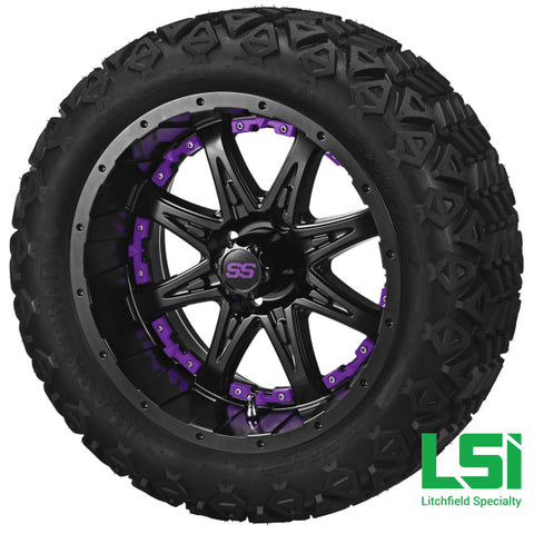 14X7 Matte Black Revenge Wheel W/purple Inserts On 23X10-14 Trail 14 Lifted Assembly