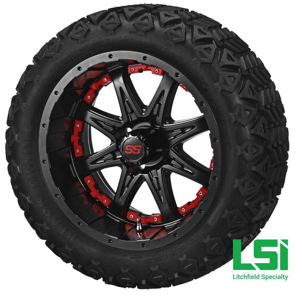14X7 Matte Black Revenge Wheel W/red Inserts On 23X10-14 Trail 14 Lifted Assembly