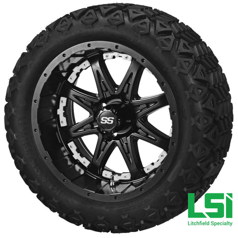 14X7 Matte Black Revenge Wheel W/white Inserts On 23X10-14 Trail 14 Lifted Assembly