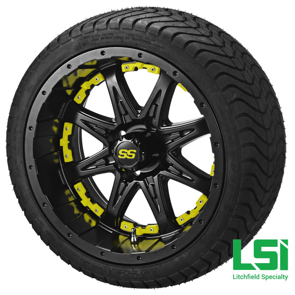 14X7 Matte Black Revenge Wheel W/yellow Inserts On 215/35-14 Lsi Elite Tire/wheel Assembly
