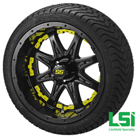 14X7 Matte Black Revenge Wheel W/yellow Inserts On 215/35-14 Lsi Elite Tire/wheel Assembly