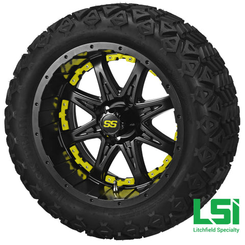 14X7 Matte Black Revenge Wheel W/yellow Inserts On 23X10-14 Trail 14 Lifted Assembly