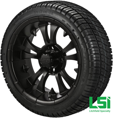 14X7 Matte Black Warlock Wheel On 205/30-14 Deli Tire 14 Low Profile Assembly