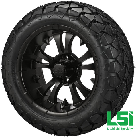 14X7 Matte Black Warlock Wheel On 22X10-14 Trail Fox 14 Lifted Assembly