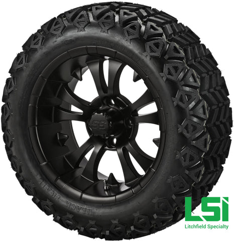 14X7 Matte Black Warlock Wheel On 23X10-14 Trail 14 Lifted Assembly