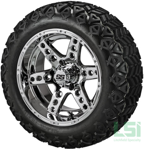 14X7 Mirror Chaos Wheel On 23X10-14 Black Trail 14 Lifted Assembly