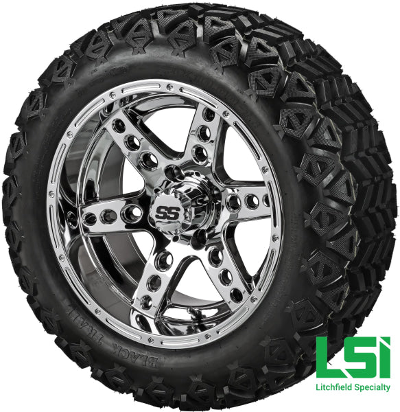 14X7 Mirror Chaos Wheel On 23X10-14 Black Trail 14 Lifted Assembly