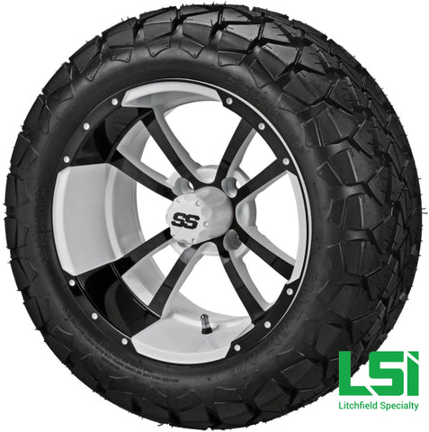 14X7 White & Black Maltese Cross Wheel On 22X10-14 Trail Fox 14 Lifted Assembly
