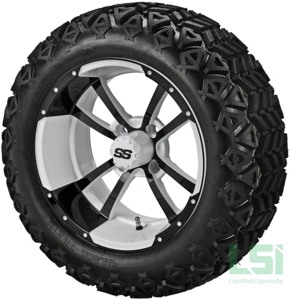 14X7 White & Black Maltese Cross Wheel On 23X10-14 Trail 14 Lifted Assembly