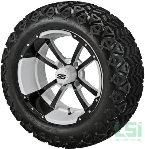 14X7 White & Black Maltese Cross Wheel On 23X10-14 Trail 14 Lifted Assembly