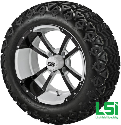 14X7 White & Black Maltese Cross Wheel On 23X10-14 Trail 14 Lifted Assembly