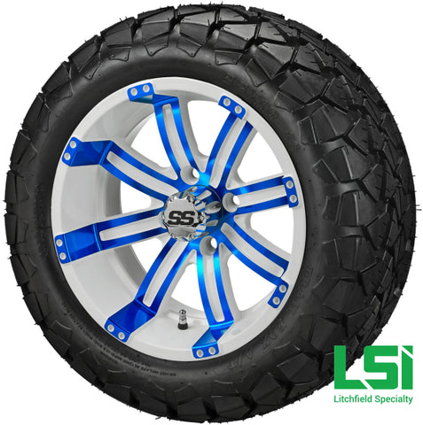 14X7 White & Blue Casino Wheel On 22X10-14 Trail Fox 14 Lifted Assembly