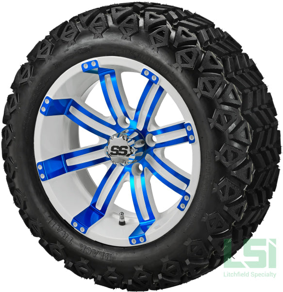 14X7 White & Blue Casino Wheel On 23X10-14 Black Trail 14 Lifted Assembly
