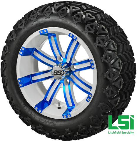 14X7 White & Blue Casino Wheel On 23X10-14 Black Trail 14 Lifted Assembly