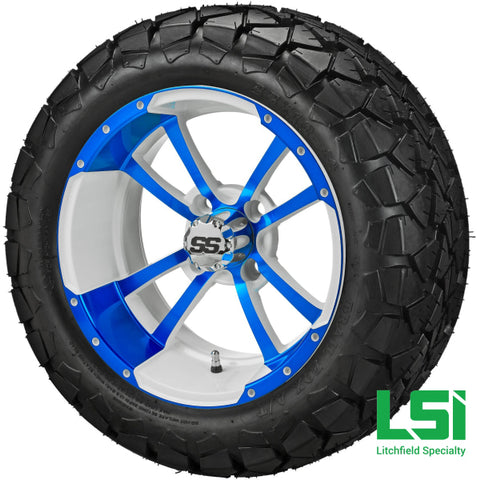 14X7 White & Blue Maltese Cross Wheel On 22X10-14 Trail Fox 14 Lifted Assembly