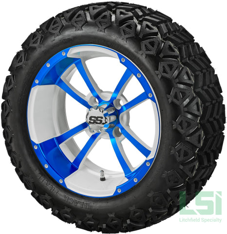 14X7 White & Blue Maltese Cross Wheel On 23X10-14 Black Trail 14 Lifted Assembly