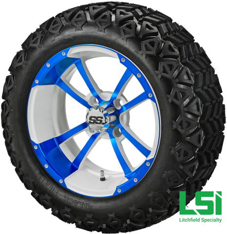 14X7 White & Blue Maltese Cross Wheel On 23X10-14 Black Trail 14 Lifted Assembly