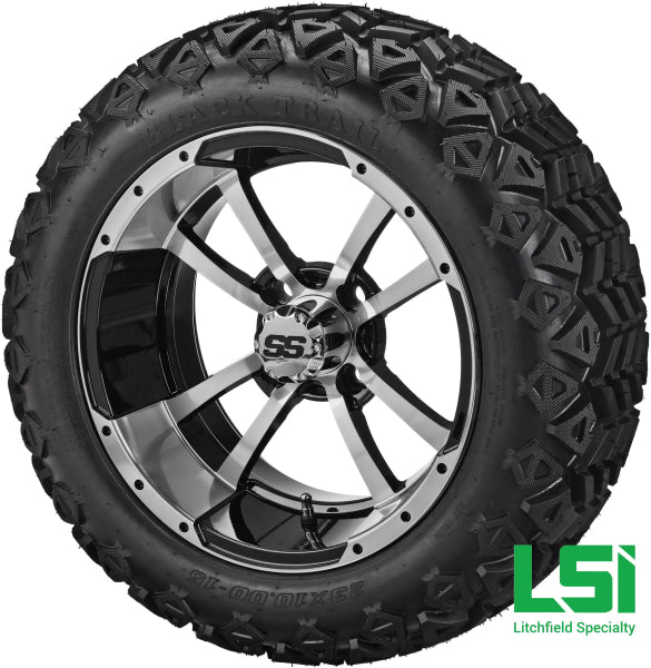 15X7 Machined & Black Maltese Cross Wheel On 23X10.00-15 Trail Tire 15 Lifted Assembly