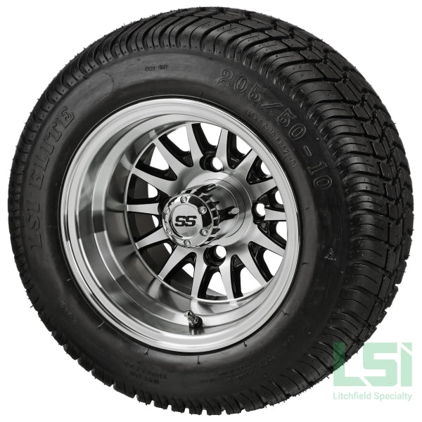 10X7 Black/machined 14-Spoke Wheel On 205/50-10 Lsi Elite Tire 10 Low Profile Assembly