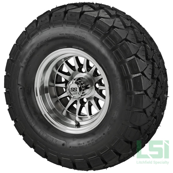 10X7 Black/machined 14-Spoke Wheel On 22X10-10 Trail Fox A/t Tire 10 Lifted Assembly