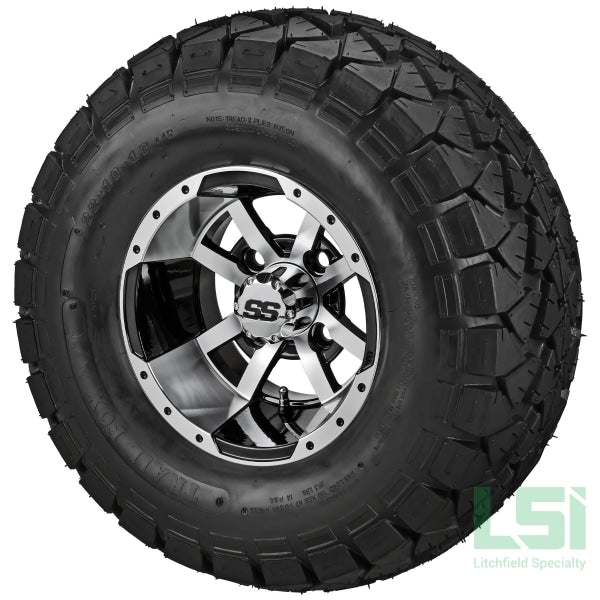 10X7 Black/machined Maltese Cross Wheel On 22X10-10 Trail Fox A/t Tire 10 Lifted Assembly