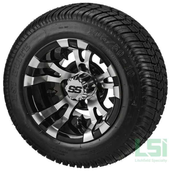 10X7 Black/machined Warlock Wheel On 205/50-10 Lsi Elite Tire 10 Low Profile Assembly