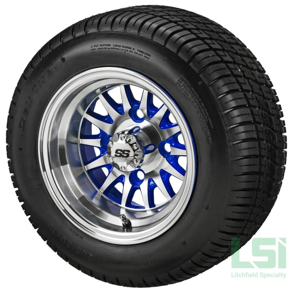 10X7 Blue/machined 14-Spoke Wheel On 205/50-10 Deli Tire 10 Low Profile Assembly