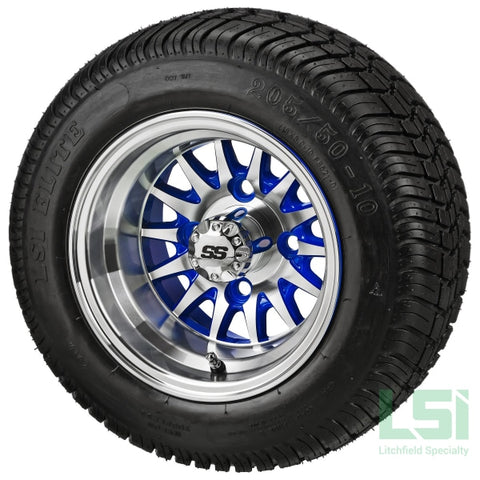 10X7 Blue/machined 14-Spoke Wheel On 205/50-10 Lsi Elite Tire 10 Low Profile Assembly