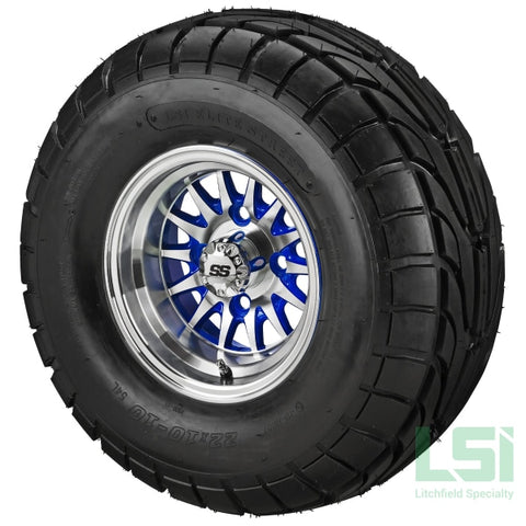 10X7 Blue/machined 14-Spoke Wheel On 22X10-10 Lsi Elite Street Tire 10 Lifted Assembly