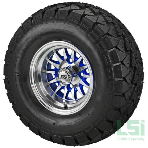 10X7 Blue/machined 14-Spoke Wheel On 22X10-10 Trail Fox A/t Tire 10 Lifted Assembly
