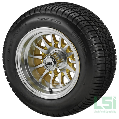 10X7 Gold/machined 14-Spoke Wheel On 205/50-10 Deli Tire 10 Low Profile Assembly
