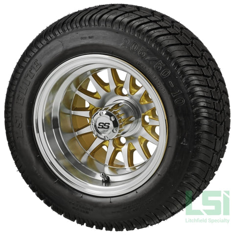 10X7 Gold/machined 14-Spoke Wheel On 205/50-10 Lsi Elite Tire 10 Low Profile Assembly