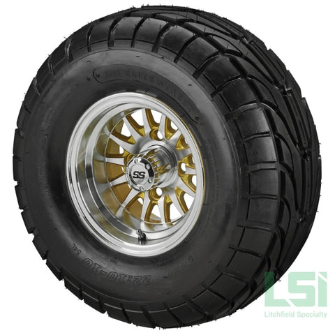 10X7 Gold/machined 14-Spoke Wheel On 22X10-10 Lsi Elite Street Tire 10 Lifted Assembly