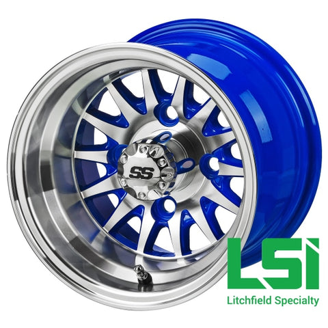 10X7 Machined/blue 14-Spoke Golf Cart Wheel -10
