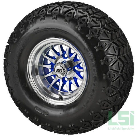 10X7 Machined/blue 14-Spoke Wheel On 22X11-10 Black Trail Tire 10 Lifted Assembly