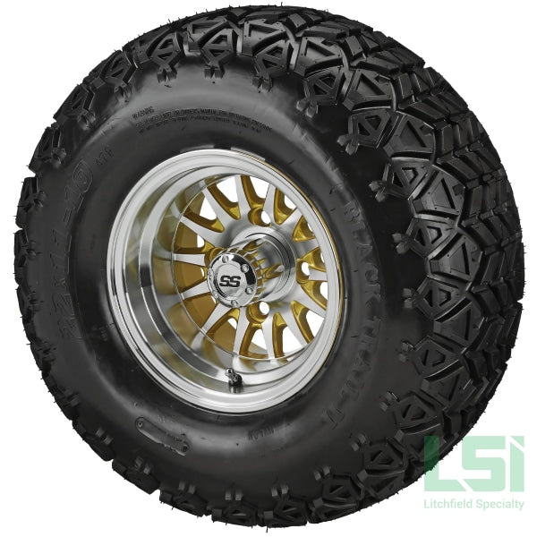 10X7 Machined/gold 14-Spoke Wheel On 22X11-10 Black Trail Tire 10 Lifted Assembly