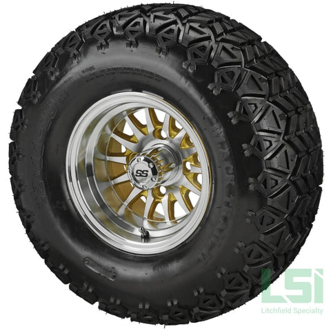 10X7 Machined/gold 14-Spoke Wheel On 22X11-10 Black Trail Tire 10 Lifted Assembly
