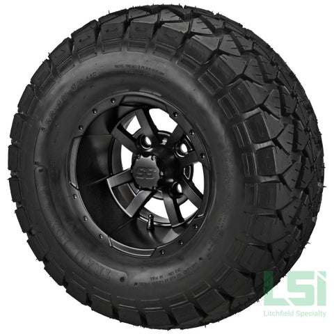 10X7 Matte Black Maltese Cross Wheel On 22X10-10 Trail Fox A/t Tire 10 Lifted Assembly